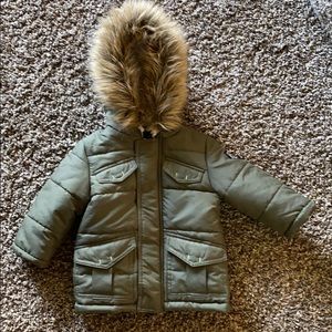 Like New Olive Green Coat with Fur Trim